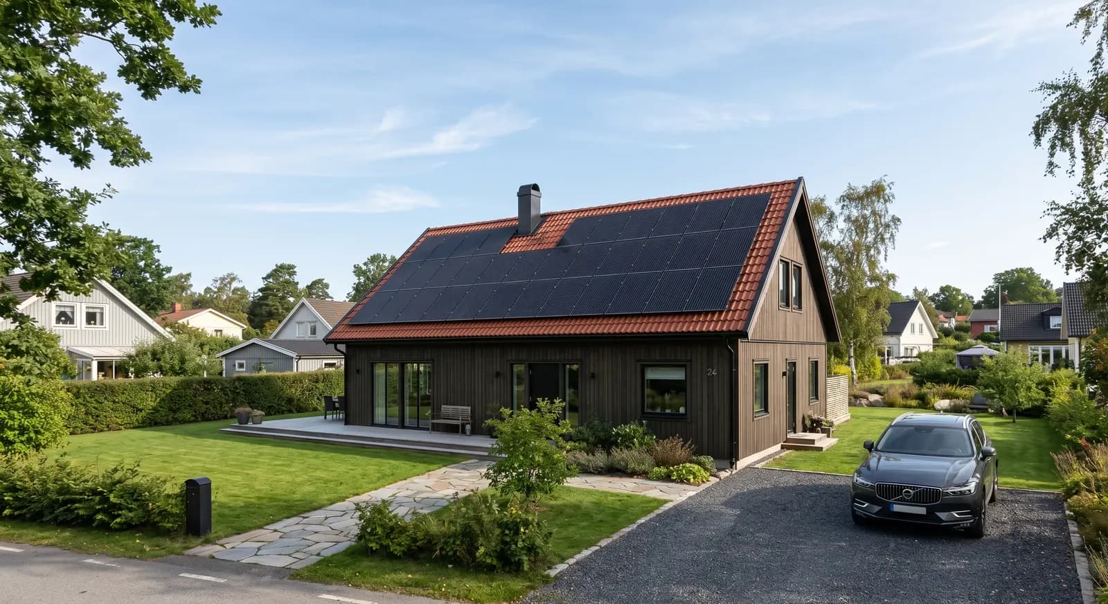 Solpaneler på rött villatak i Sverige